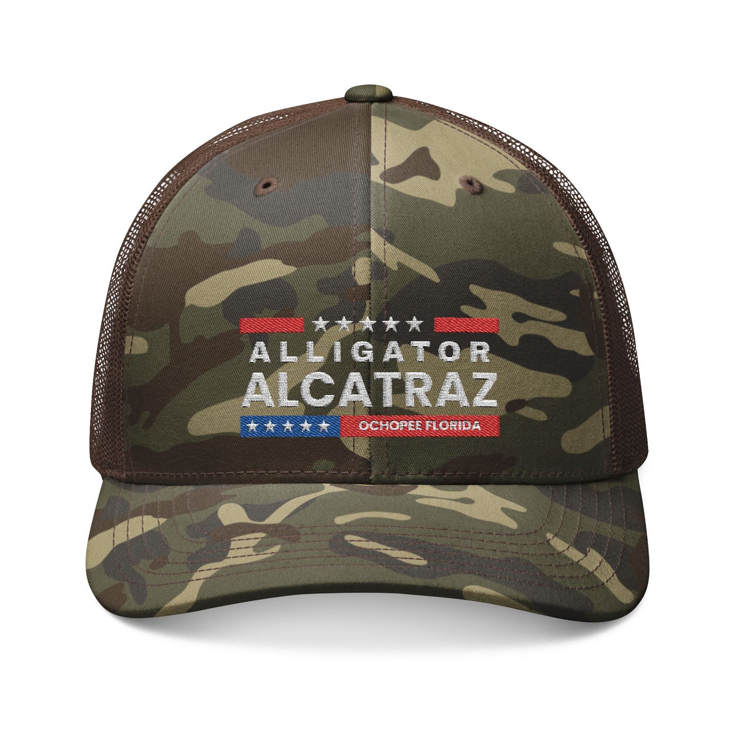 Camouflage Trucker Hat with Alligator Alcatraz Embroidery, Outdoor Adventure Cap