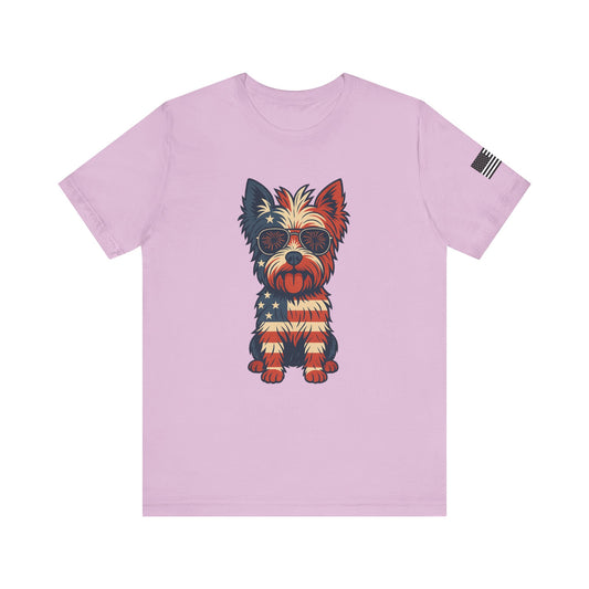 Patriotic Yorkie Dog Tee with American Flag Design