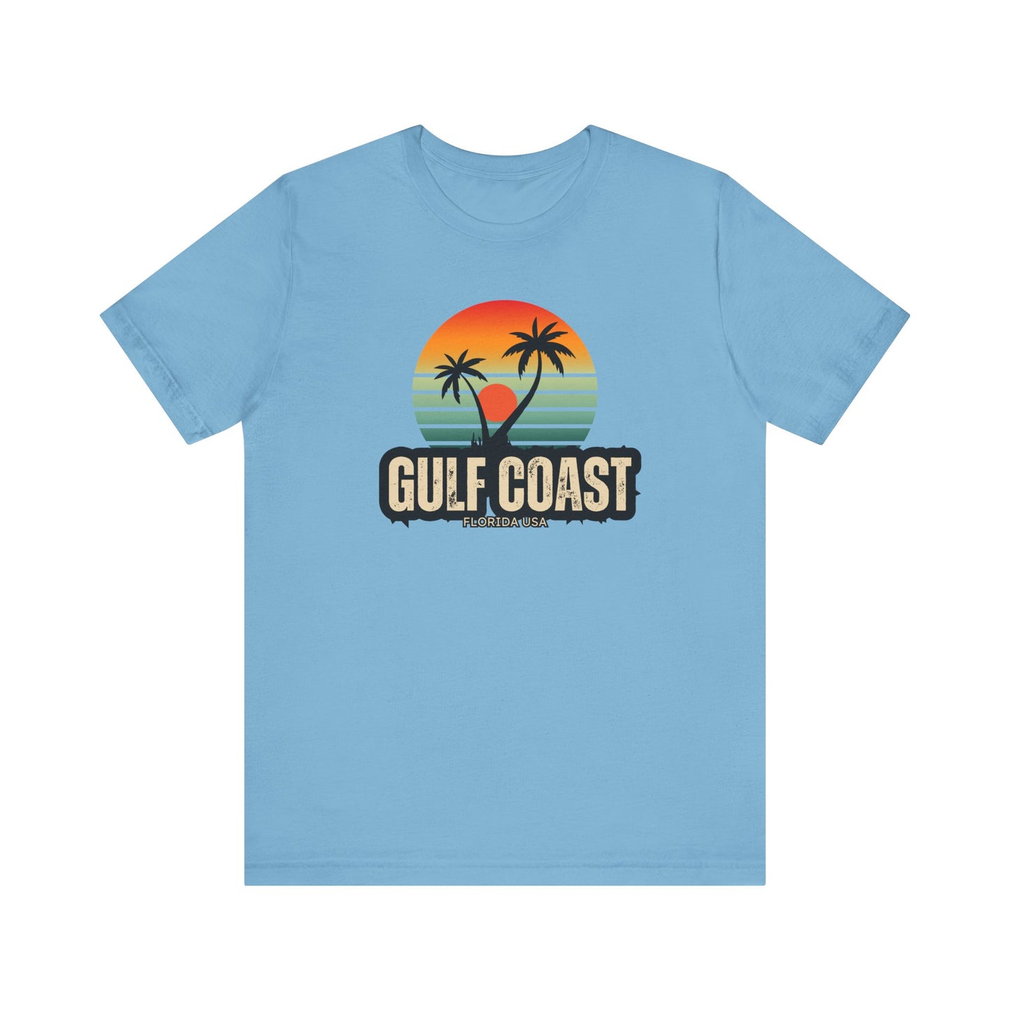 Gulf Coast Retro Tee - Unisex Jersey Short Sleeve with Palm Trees & Sunset