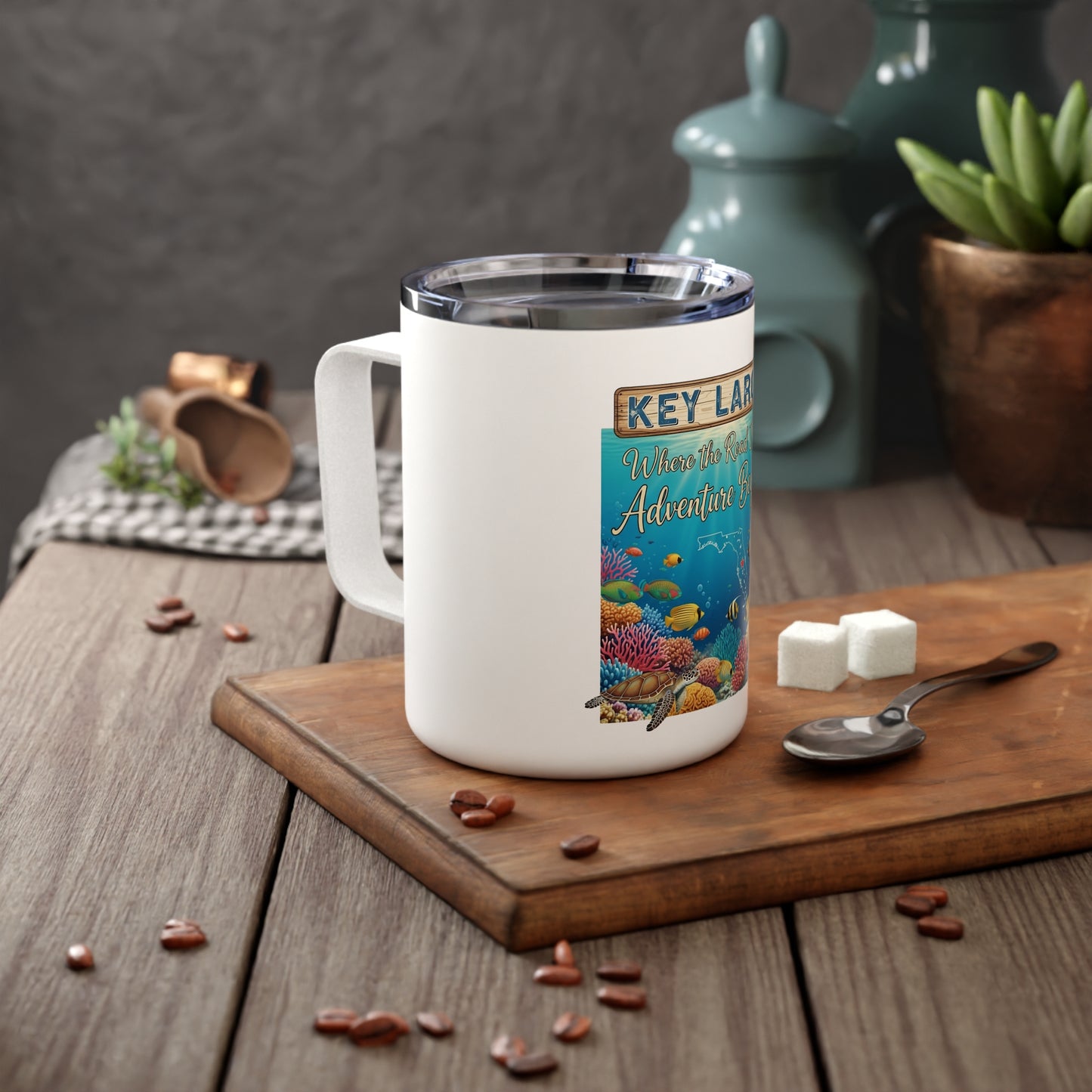Key Largo Insulated Coffee Mug, Adventure Begins Mug, Coral Reef Travel Mug, Gift for Beach Lovers, Unique Coffee Tumbler