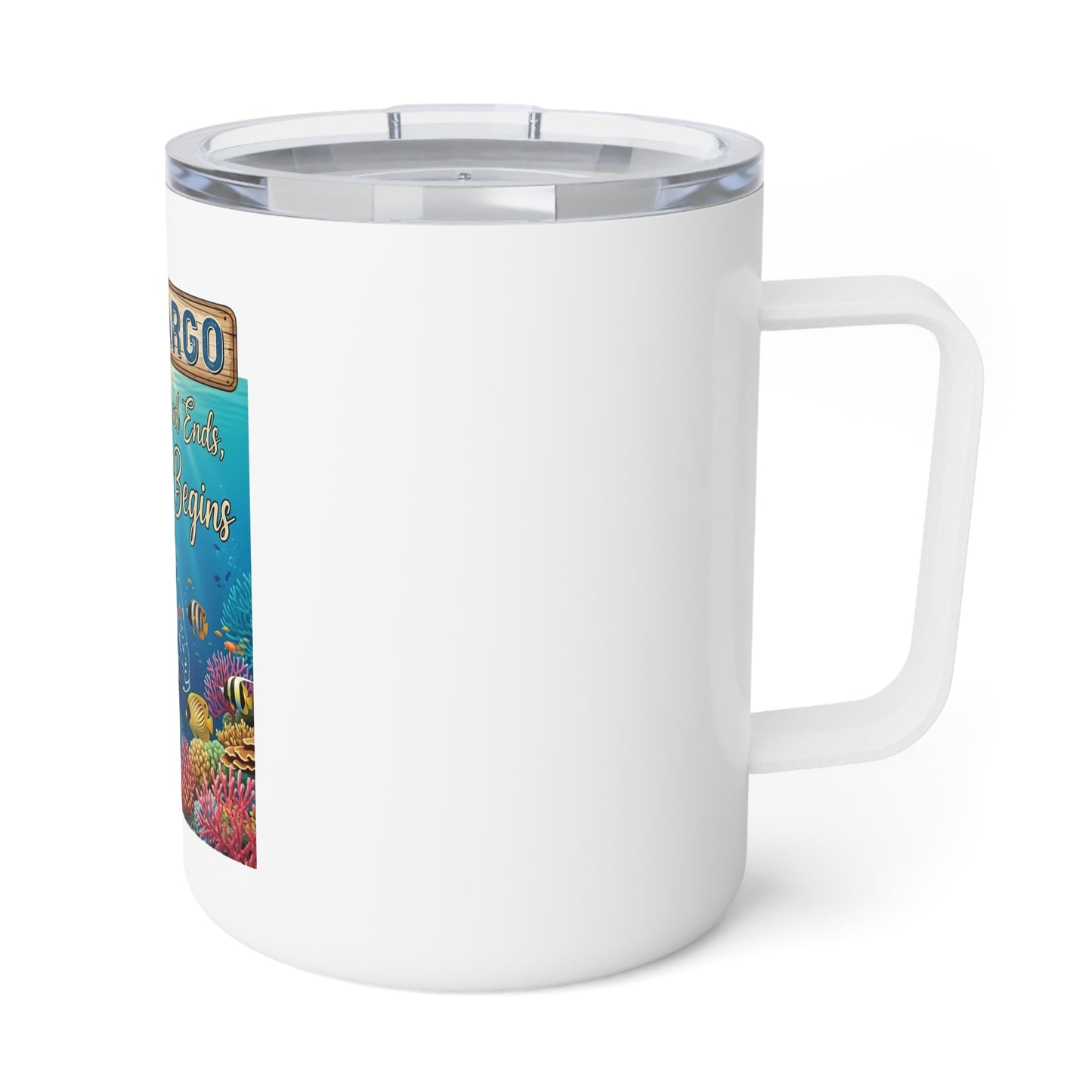 Key Largo Insulated Coffee Mug, Adventure Begins Mug, Coral Reef Travel Mug, Gift for Beach Lovers, Unique Coffee Tumbler