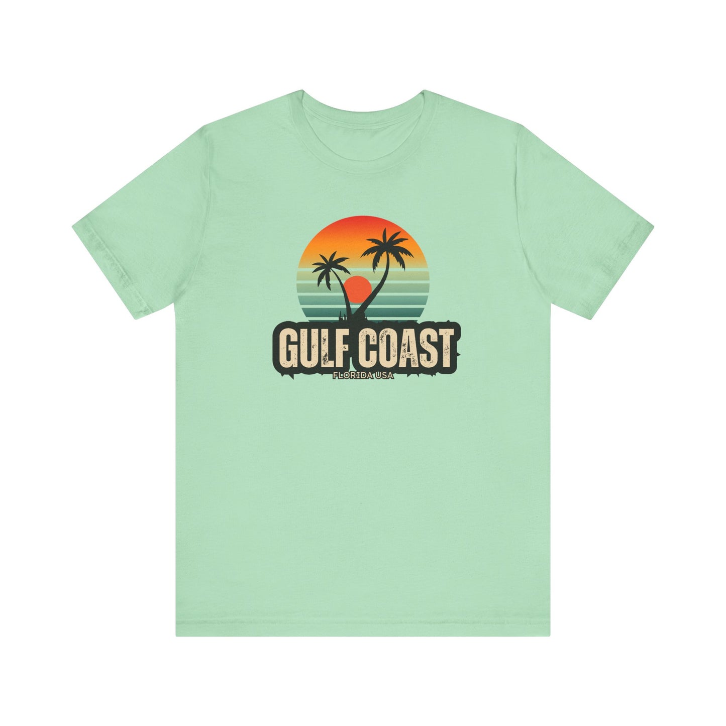 Gulf Coast Retro Tee - Unisex Jersey Short Sleeve with Palm Trees & Sunset