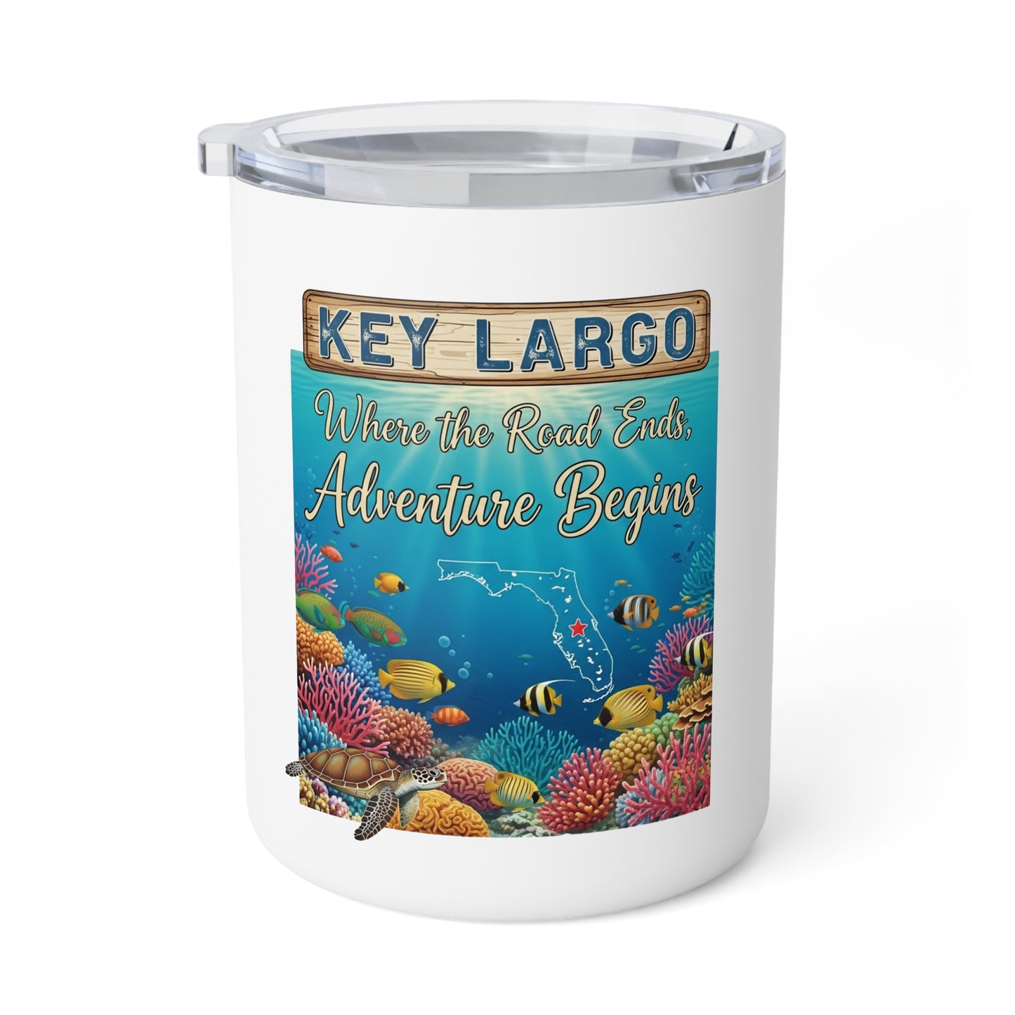 Key Largo Insulated Coffee Mug, Adventure Begins Mug, Coral Reef Travel Mug, Gift for Beach Lovers, Unique Coffee Tumbler
