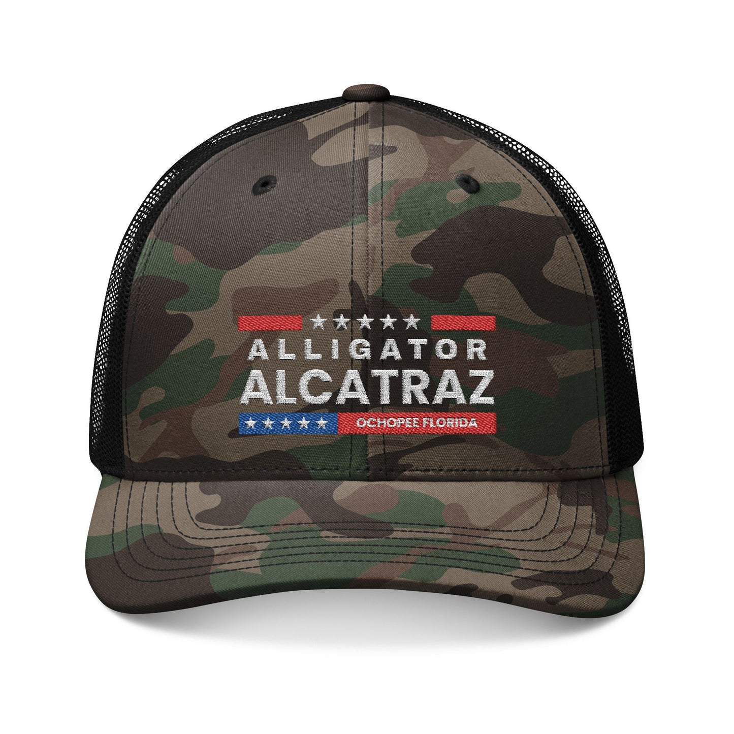 Camouflage Trucker Hat with Alligator Alcatraz Embroidery, Outdoor Adventure Cap