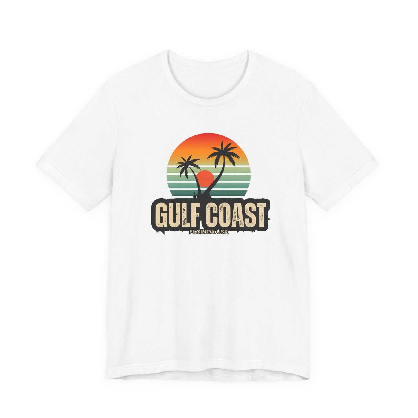 Gulf Coast Retro Tee - Unisex Jersey Short Sleeve with Palm Trees & Sunset