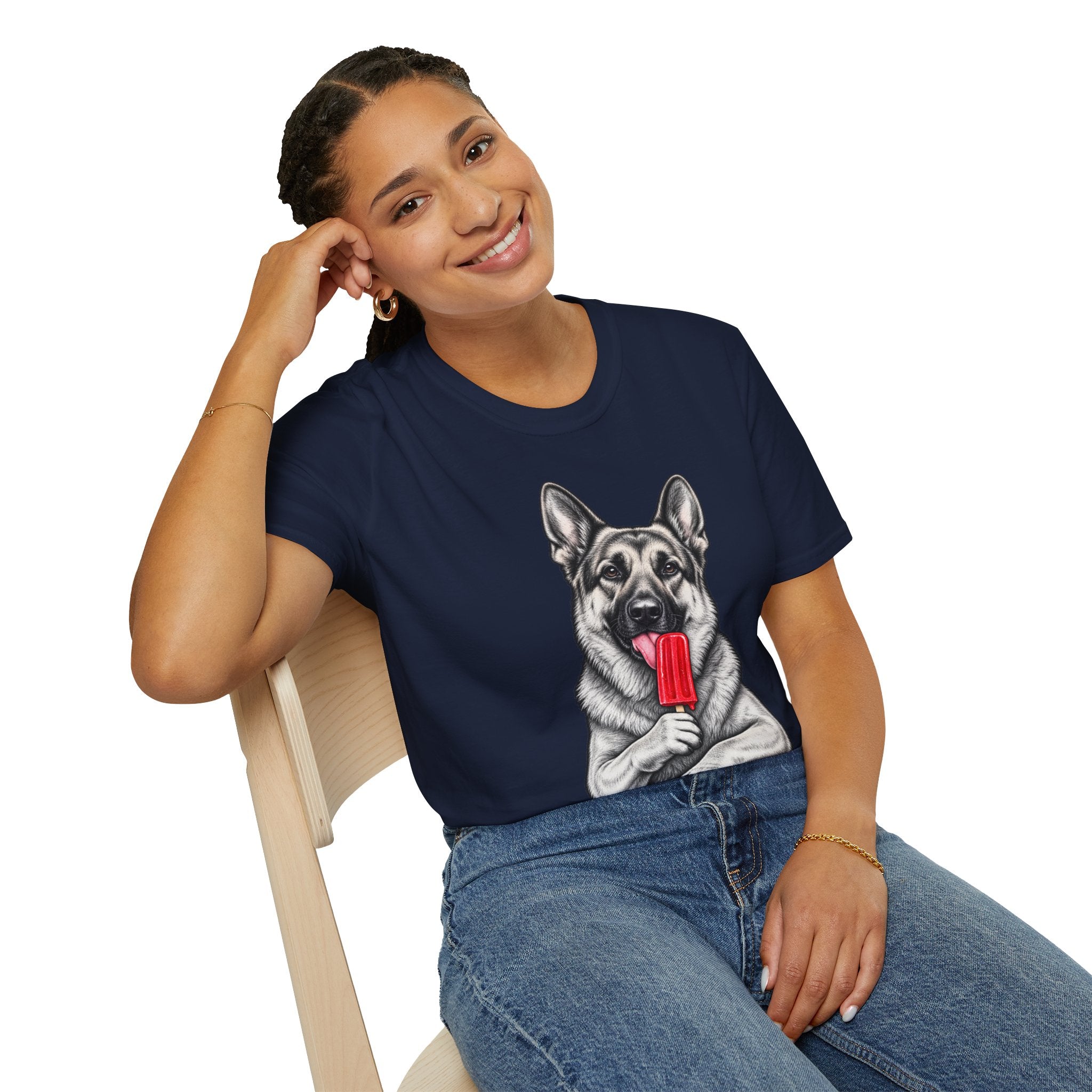 German Shepherd Dog Eating Popsicle T‑Shirt — Cute Pet Lover Graphic Tee