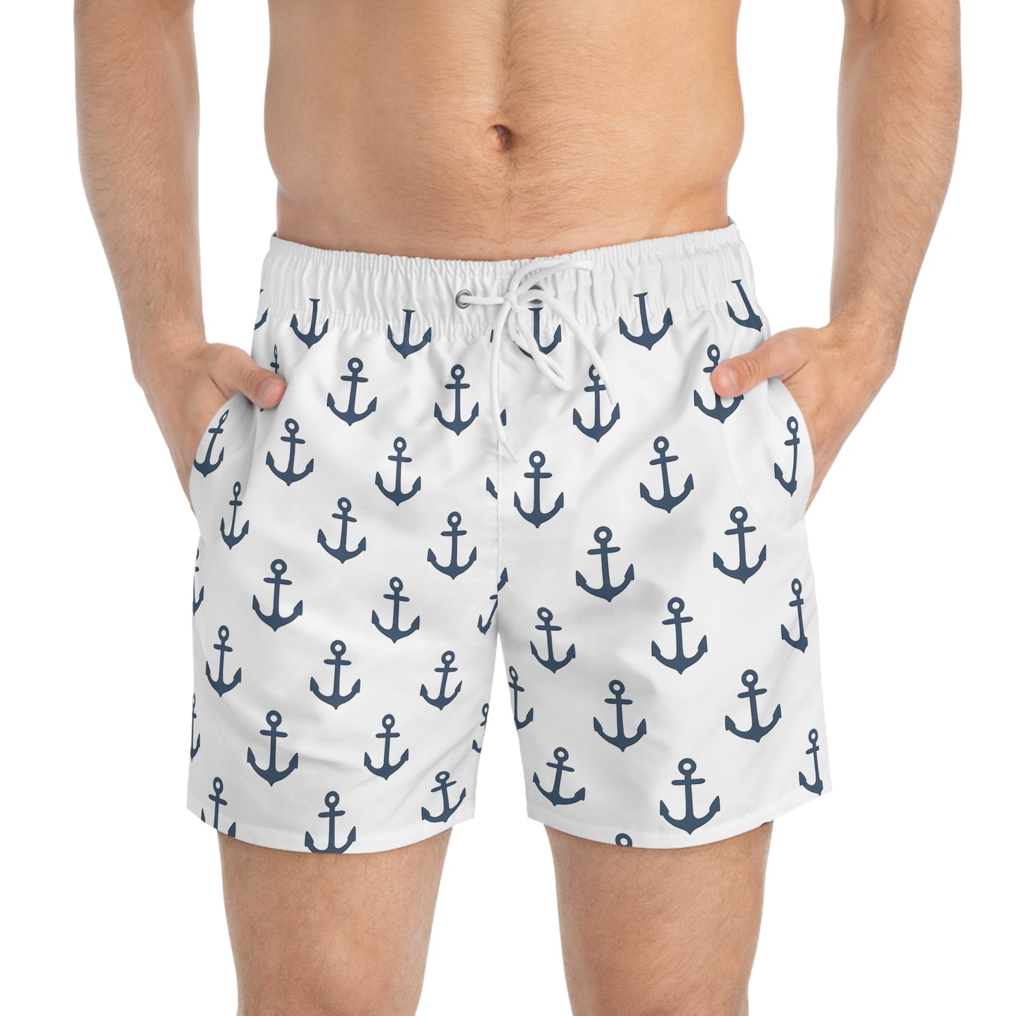 Nautical Swim Trunks for Beach Days, Anchor Print Bathing Suit, Summer Swimwear