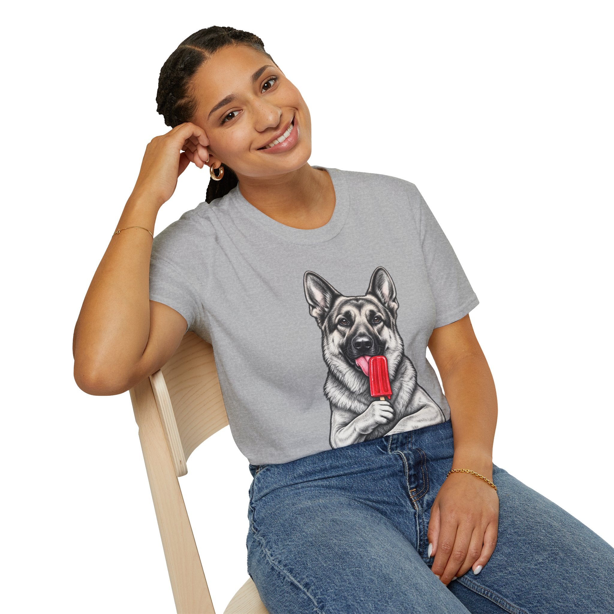 German Shepherd Dog Eating Popsicle T‑Shirt — Cute Pet Lover Graphic Tee