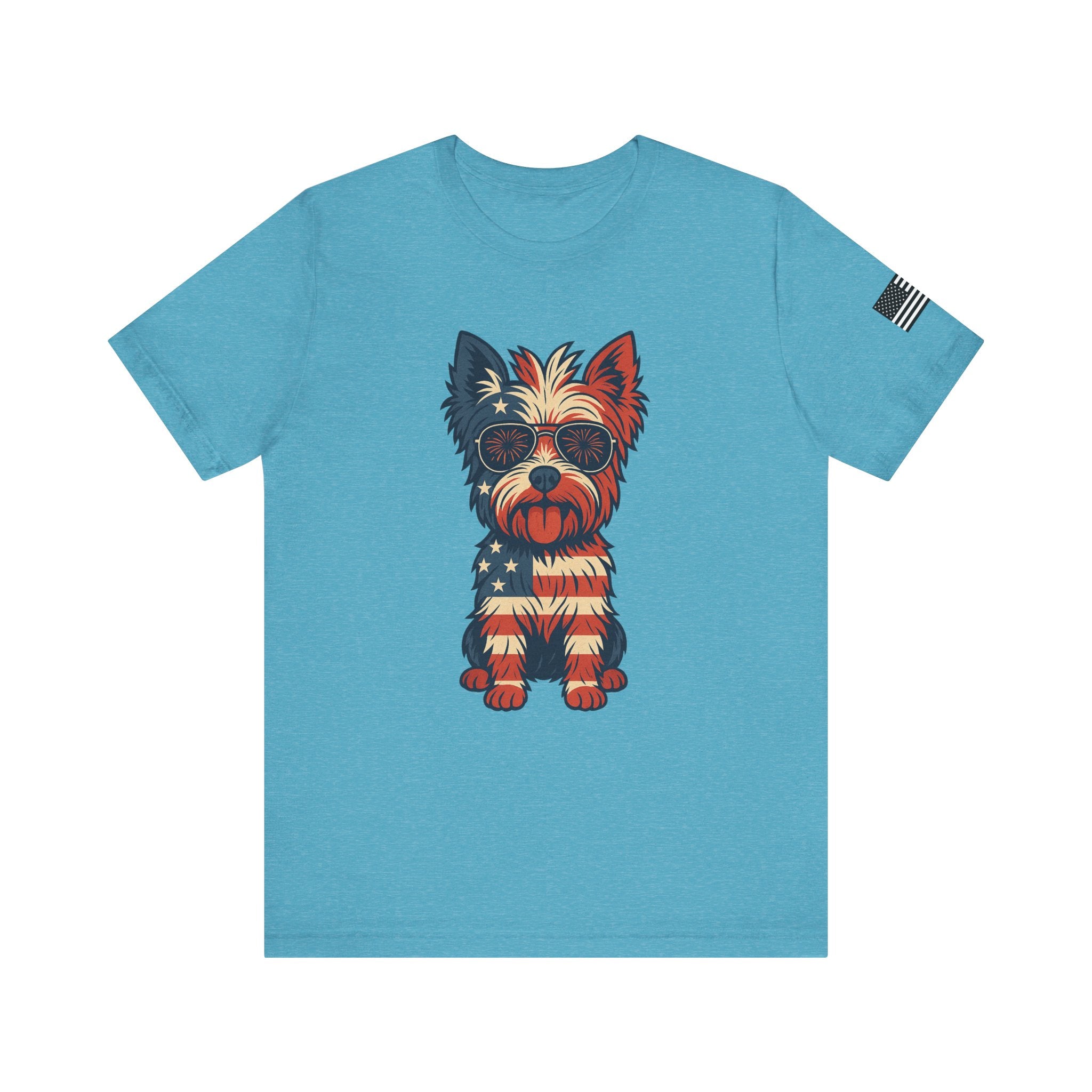 Patriotic Yorkie Dog Tee with American Flag Design