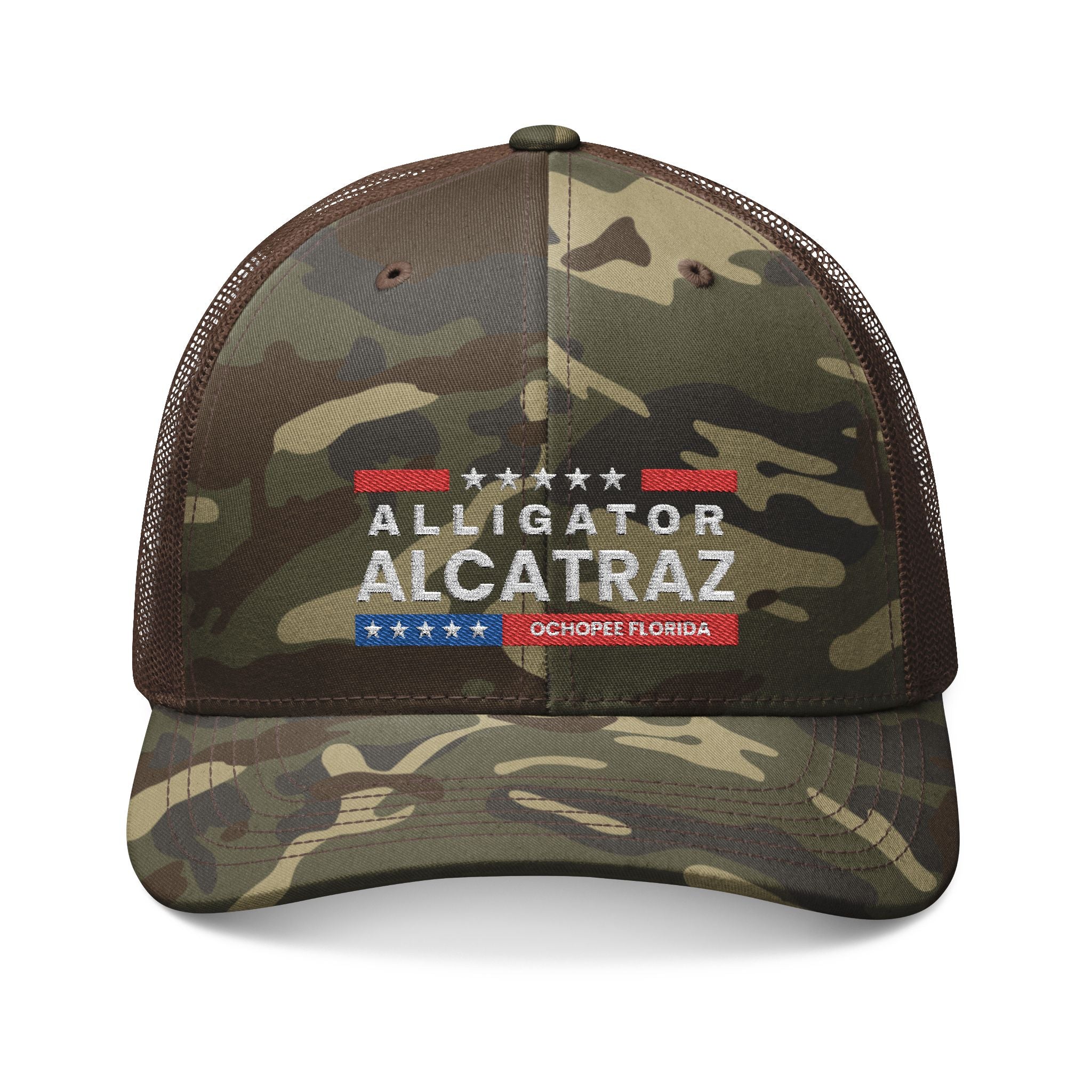 Camouflage Trucker Hat with Alligator Alcatraz Embroidery, Outdoor Adventure Cap