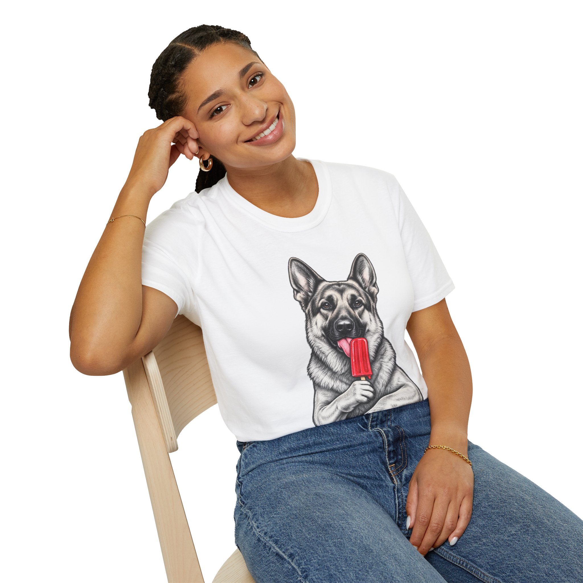 German Shepherd Dog Eating Popsicle T‑Shirt — Cute Pet Lover Graphic Tee