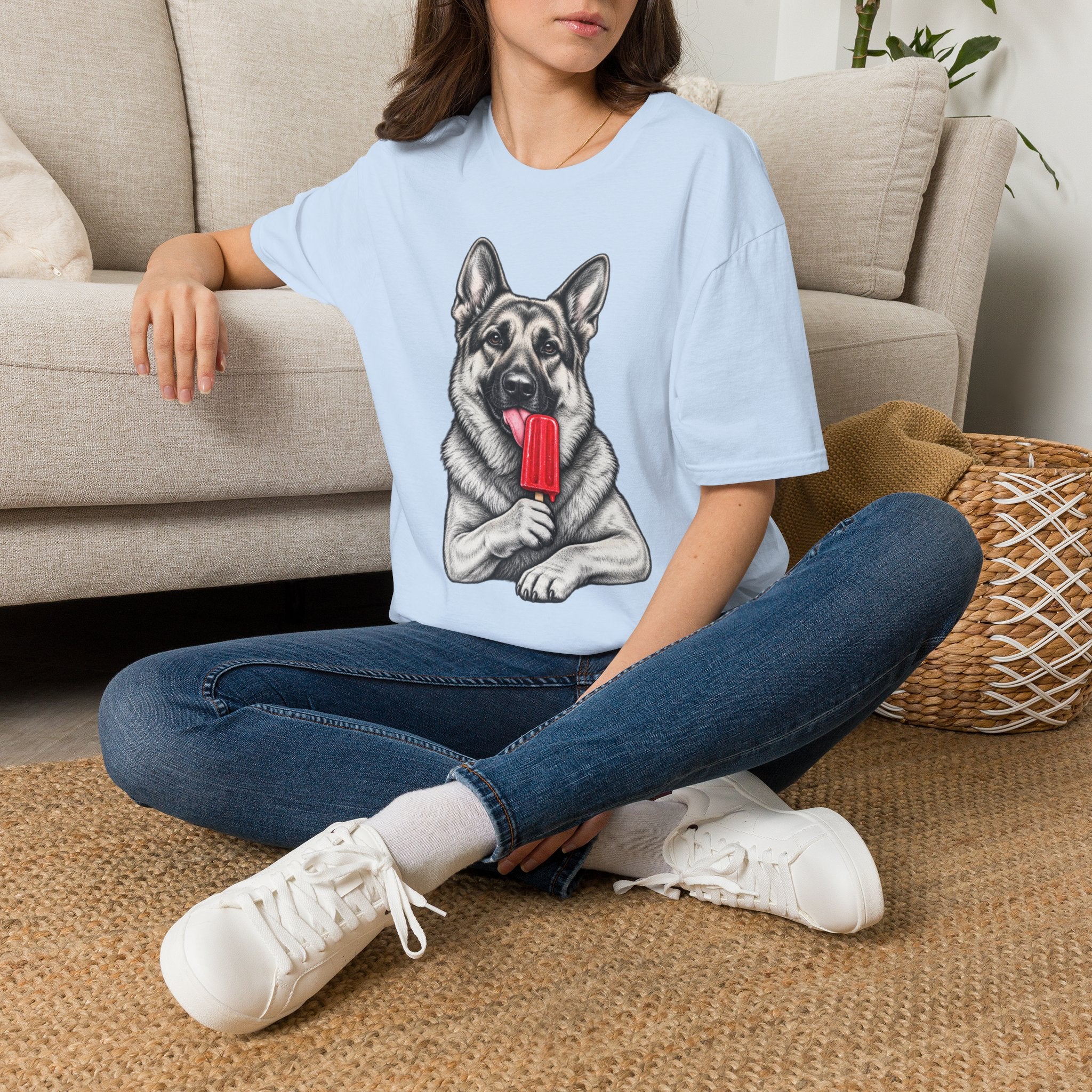 German Shepherd Dog Eating Popsicle T‑Shirt — Cute Pet Lover Graphic Tee