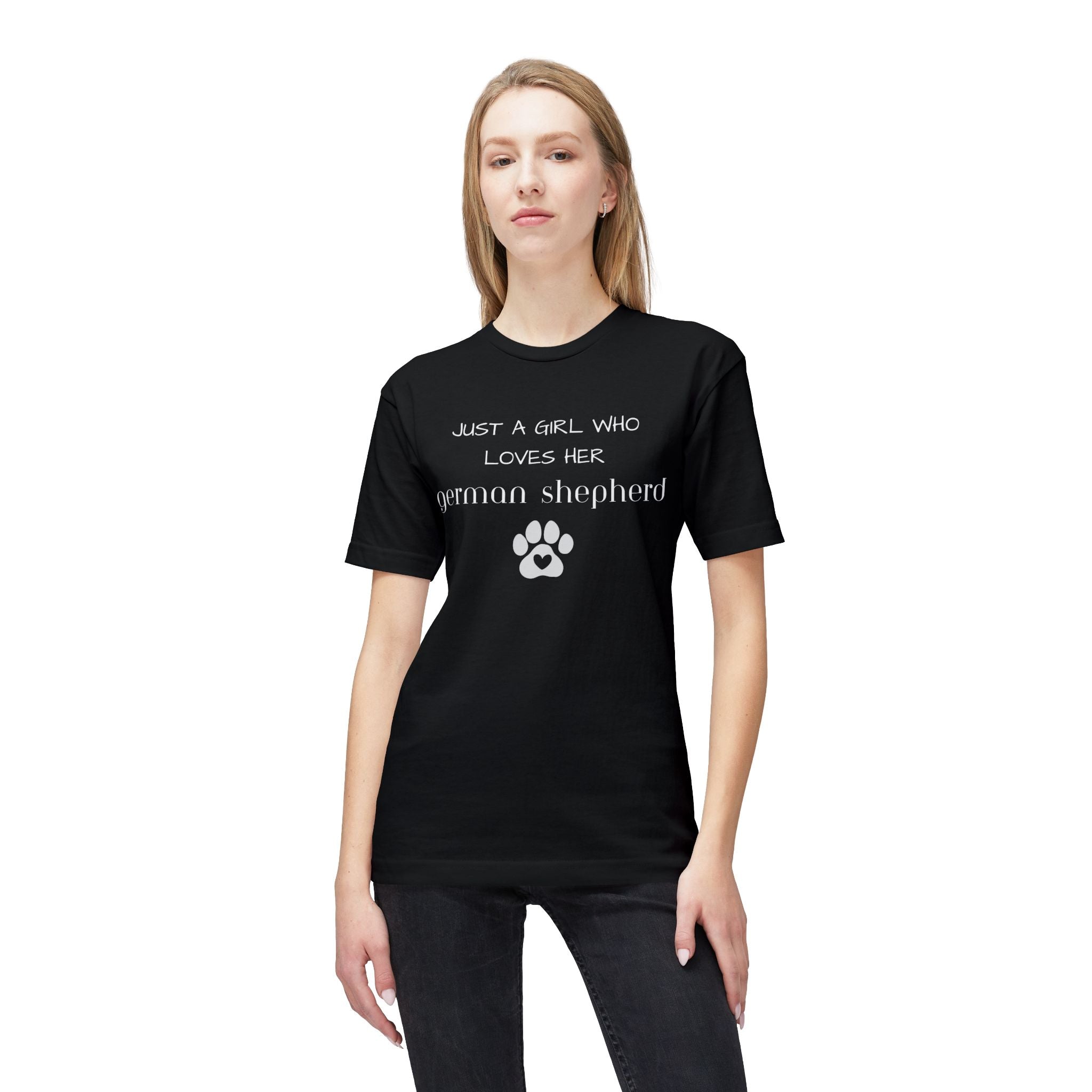 German Shepherd T-Shirt — "Just a Girl Who Loves Her German Shepherd" Paw Print Tee