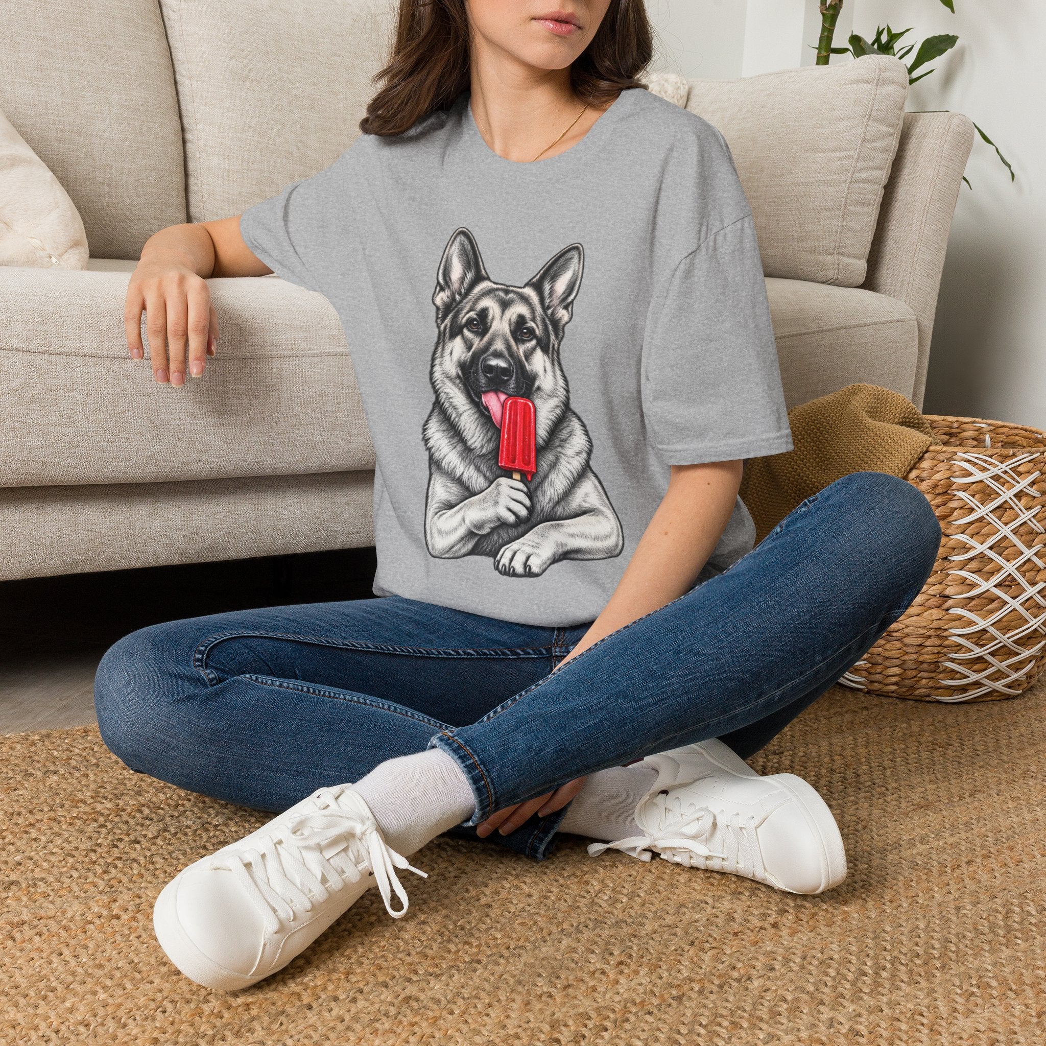 German Shepherd Dog Eating Popsicle T‑Shirt — Cute Pet Lover Graphic Tee