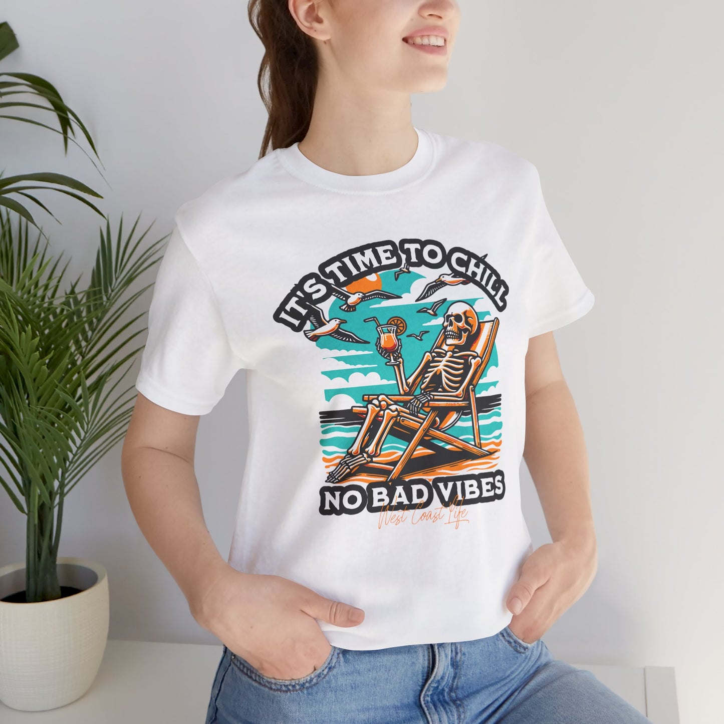 Chill Vibes Skeleton Tee | Unisex Short Sleeve T-Shirt, Beachwear, Summer Gift, Vacation Top, Casual Wear