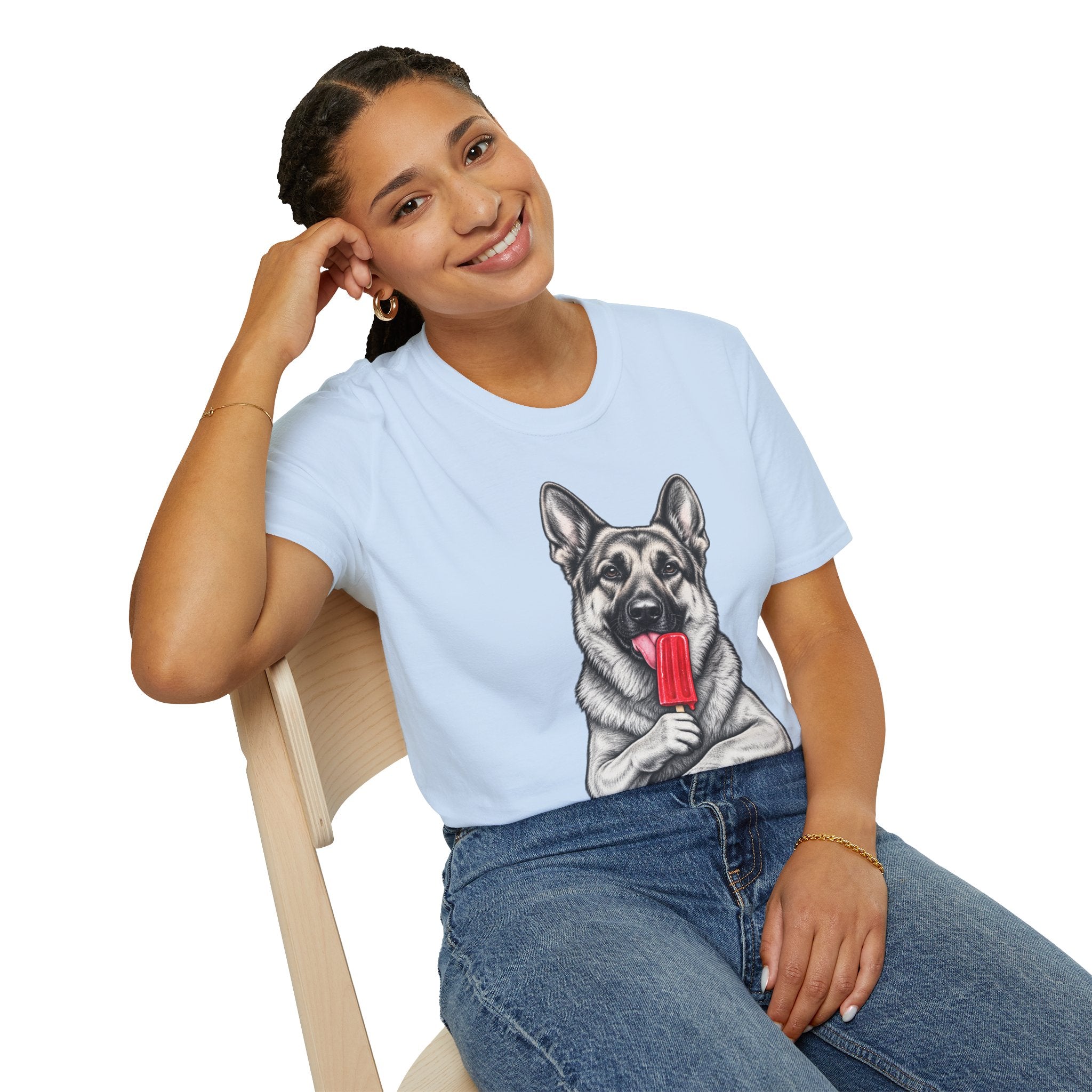 German Shepherd Dog Eating Popsicle T‑Shirt — Cute Pet Lover Graphic Tee