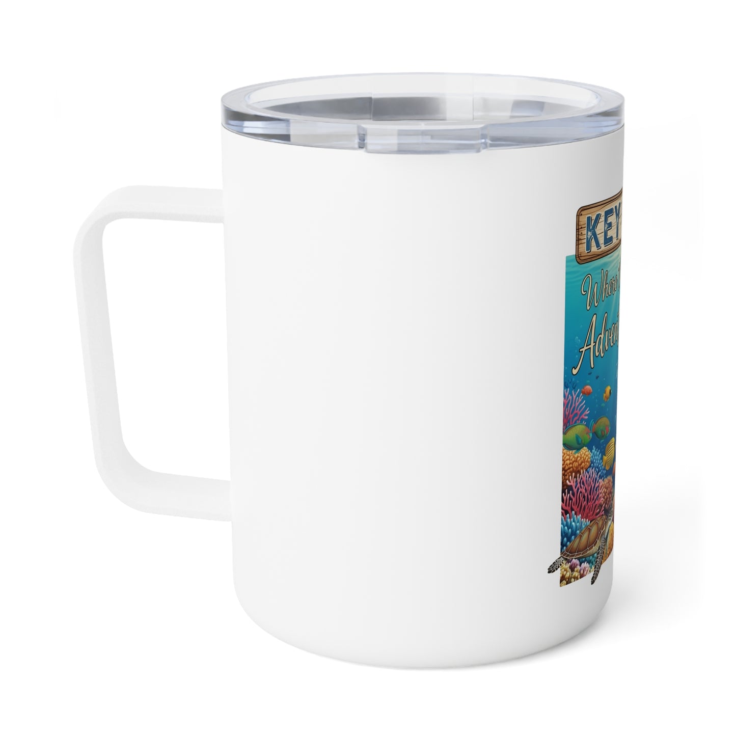 Key Largo Insulated Coffee Mug, Adventure Begins Mug, Coral Reef Travel Mug, Gift for Beach Lovers, Unique Coffee Tumbler