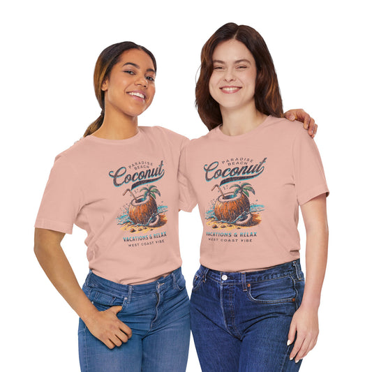 Beach Vibes Tee - Unisex Jersey Short Sleeve Shirt with Coconut Design, Tropical Summer Style, Vacation Apparel