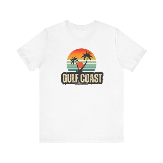 Gulf Coast Retro Tee - Unisex Jersey Short Sleeve with Palm Trees & Sunset