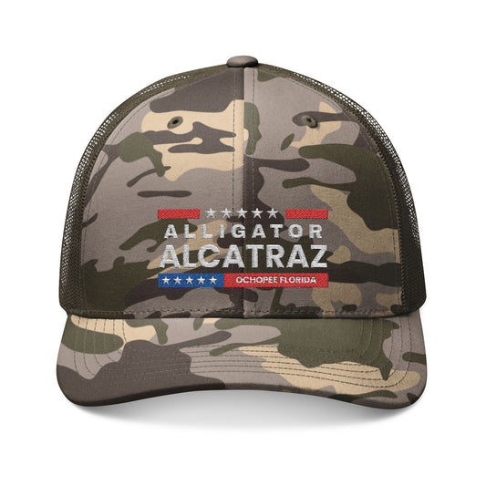 Camouflage Trucker Hat with Alligator Alcatraz Embroidery, Outdoor Adventure Cap