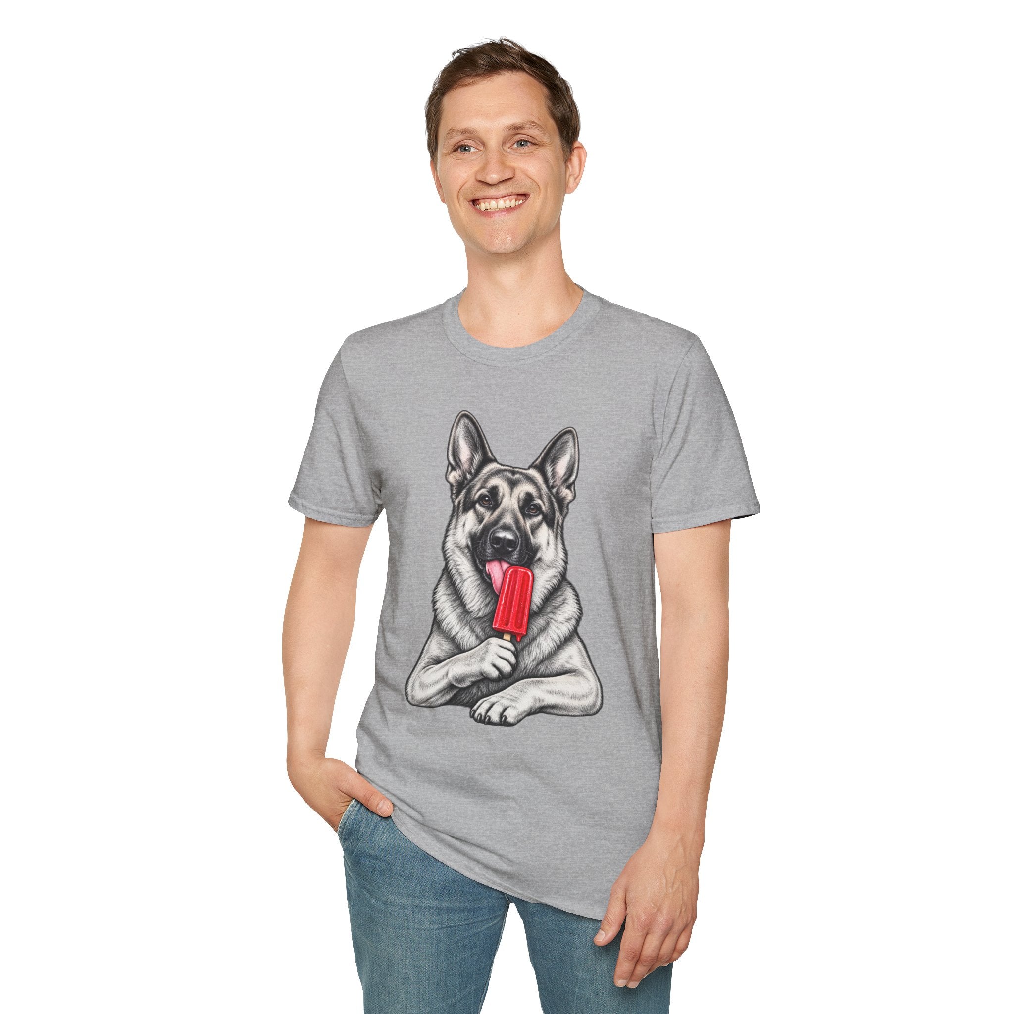 German Shepherd Dog Eating Popsicle T‑Shirt — Cute Pet Lover Graphic Tee