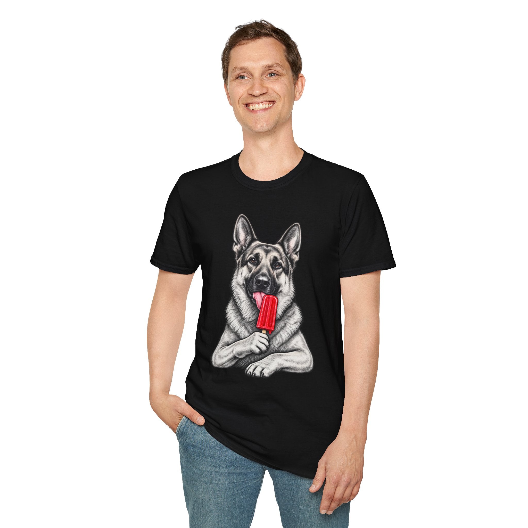 German Shepherd Dog Eating Popsicle T‑Shirt — Cute Pet Lover Graphic Tee