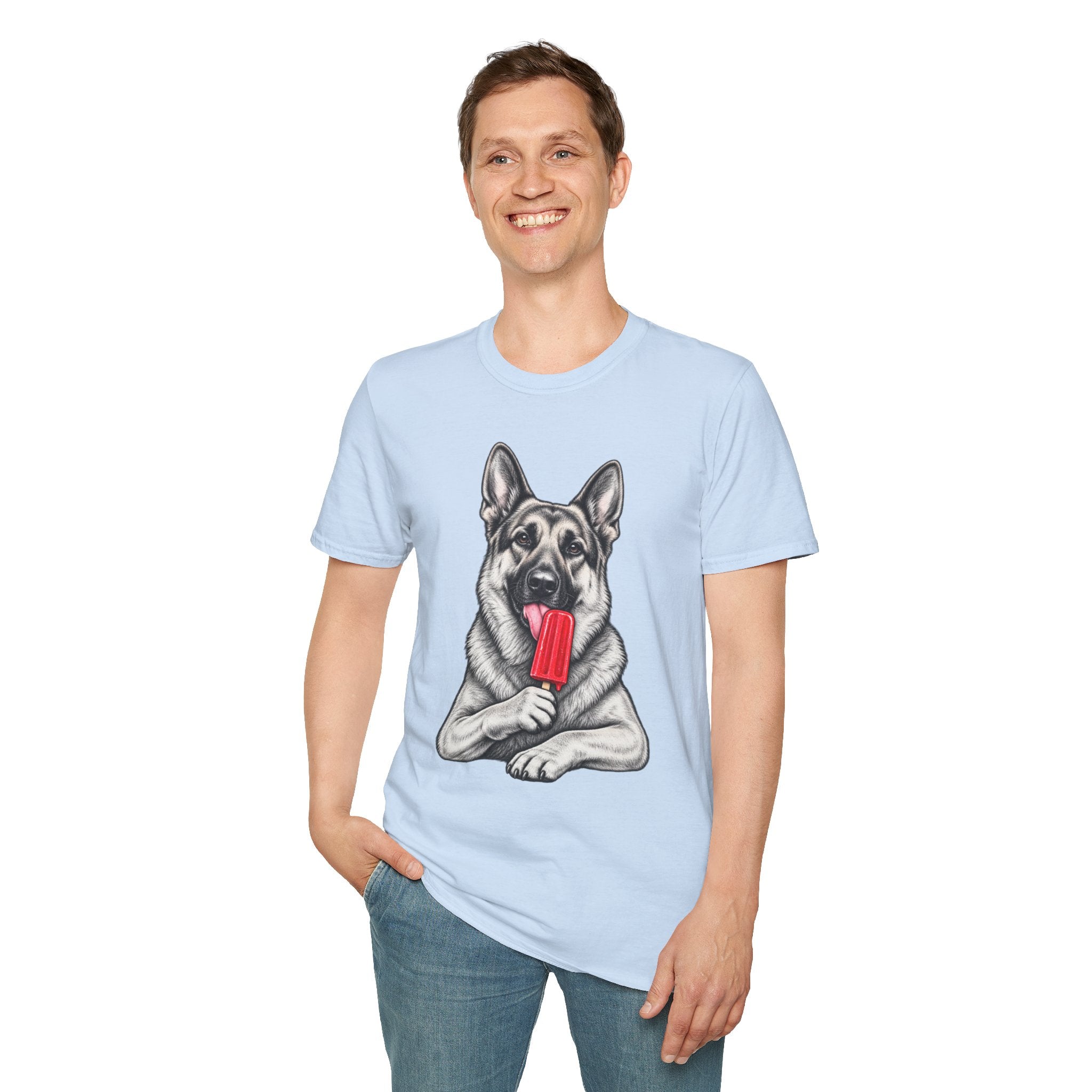 German Shepherd Dog Eating Popsicle T‑Shirt — Cute Pet Lover Graphic Tee