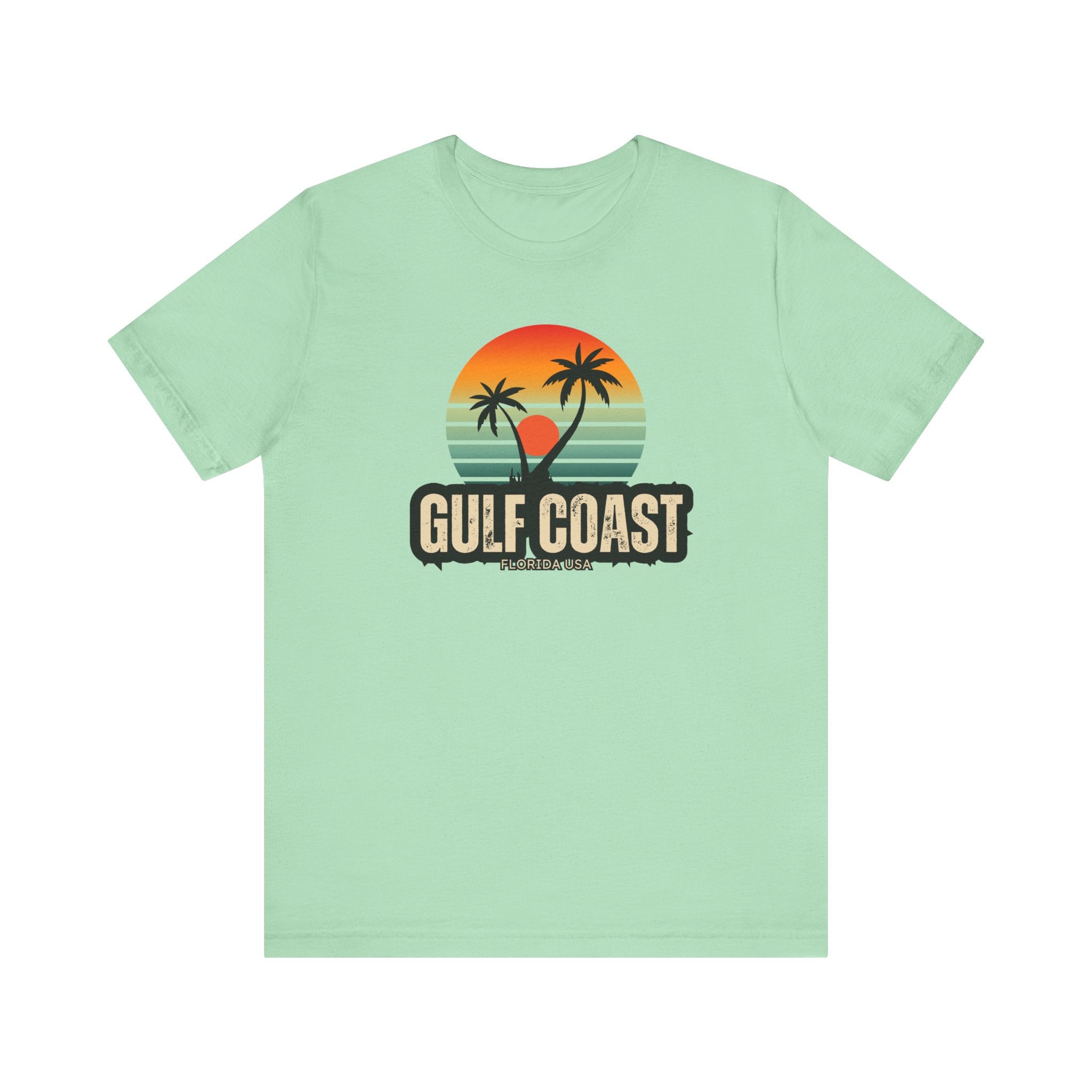 Gulf Coast Retro Tee - Unisex Jersey Short Sleeve with Palm Trees & Sunset
