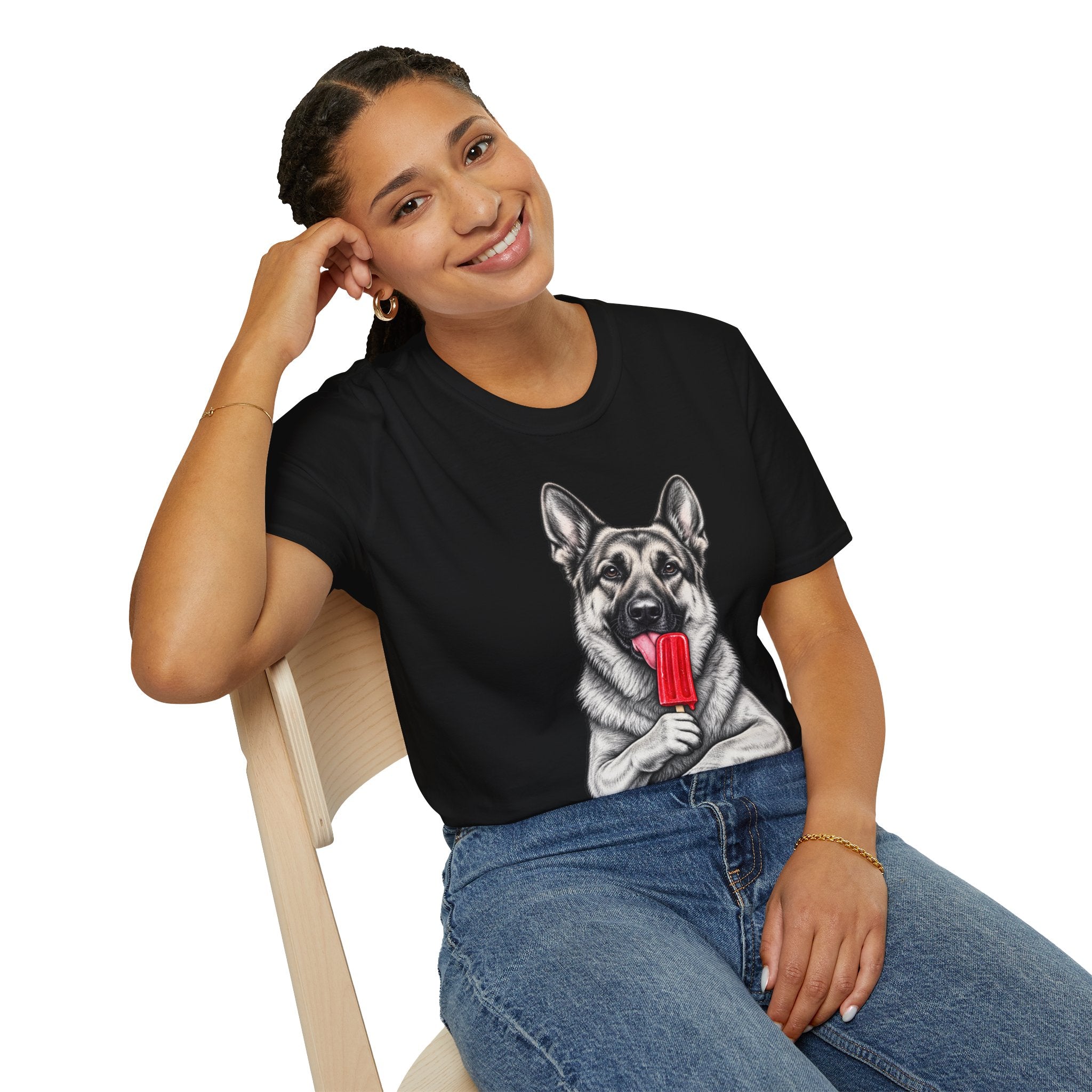 German Shepherd Dog Eating Popsicle T‑Shirt — Cute Pet Lover Graphic Tee