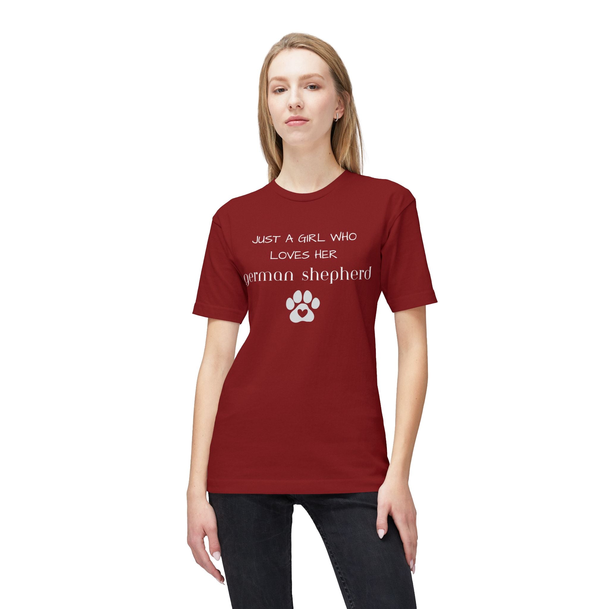 German Shepherd T-Shirt — "Just a Girl Who Loves Her German Shepherd" Paw Print Tee