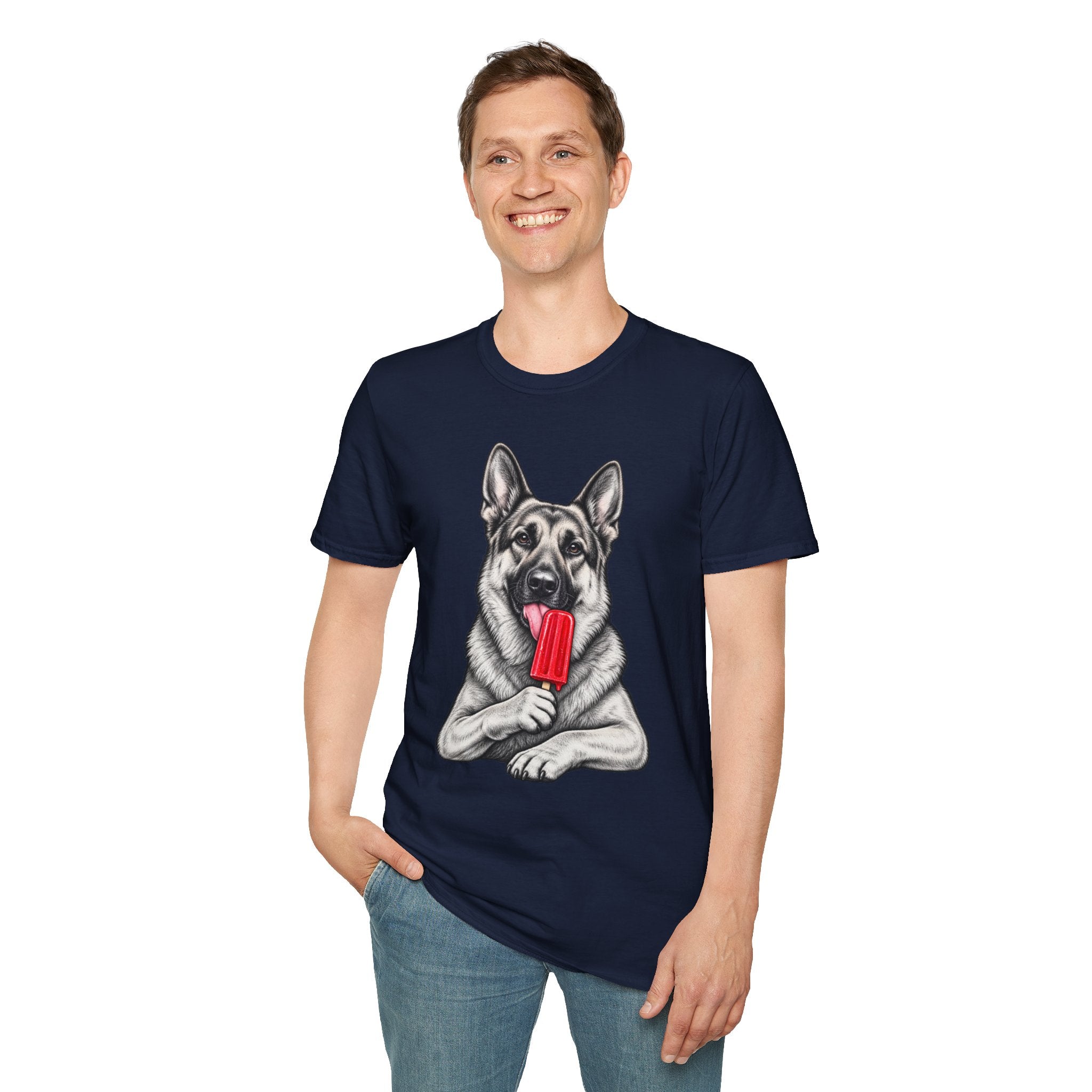 German Shepherd Dog Eating Popsicle T‑Shirt — Cute Pet Lover Graphic Tee