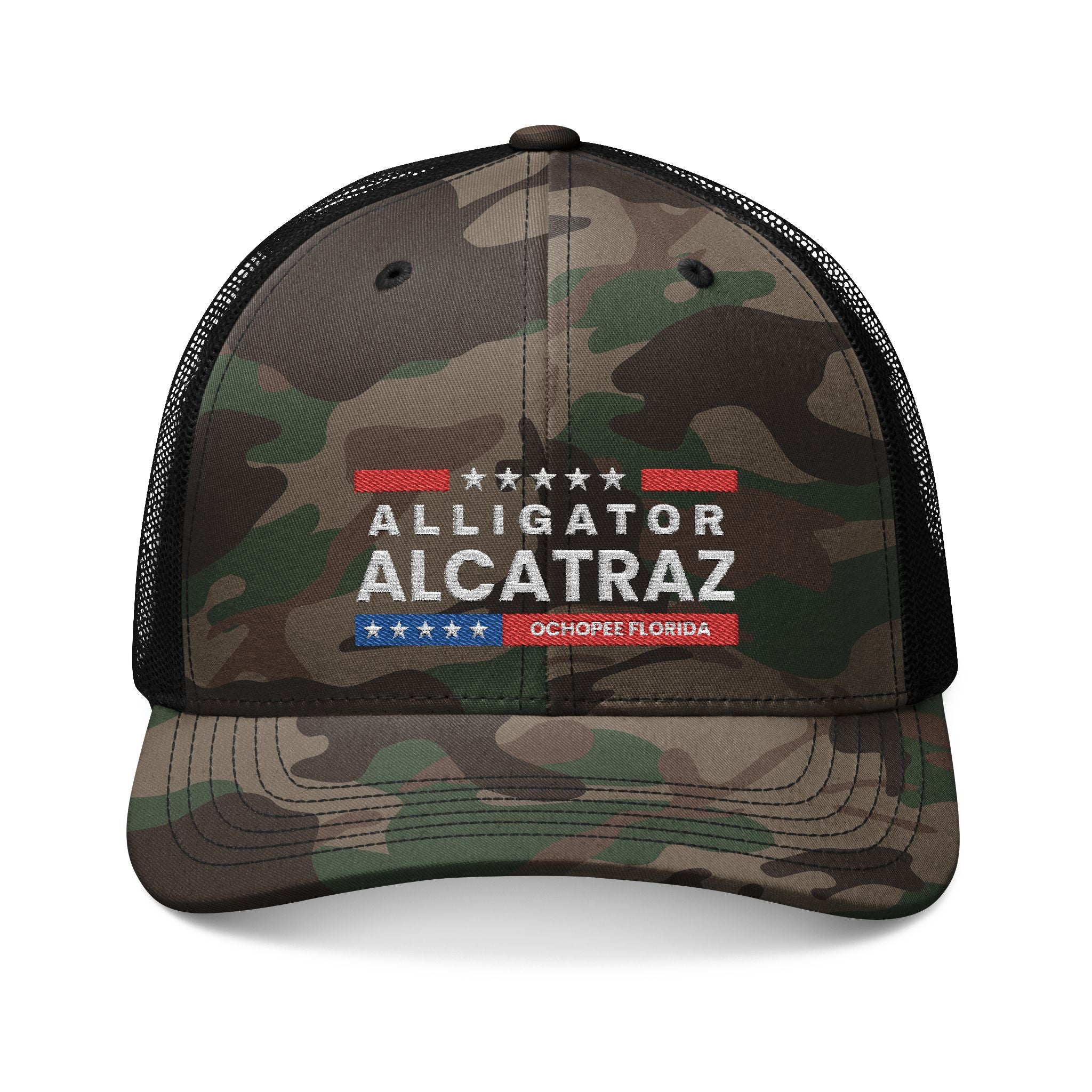 Camouflage Trucker Hat with Alligator Alcatraz Embroidery, Outdoor Adventure Cap
