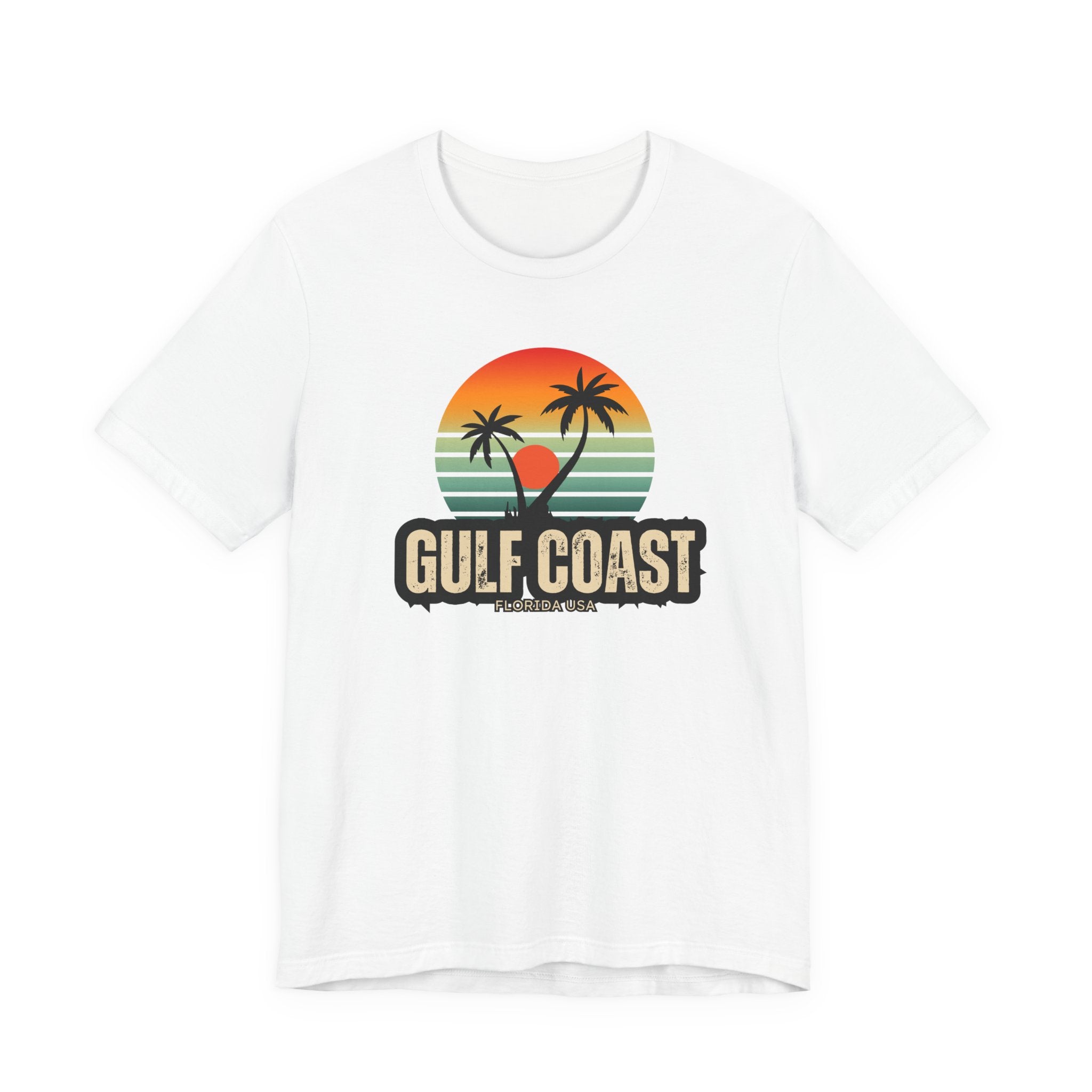 Gulf Coast Retro Tee - Unisex Jersey Short Sleeve with Palm Trees & Sunset