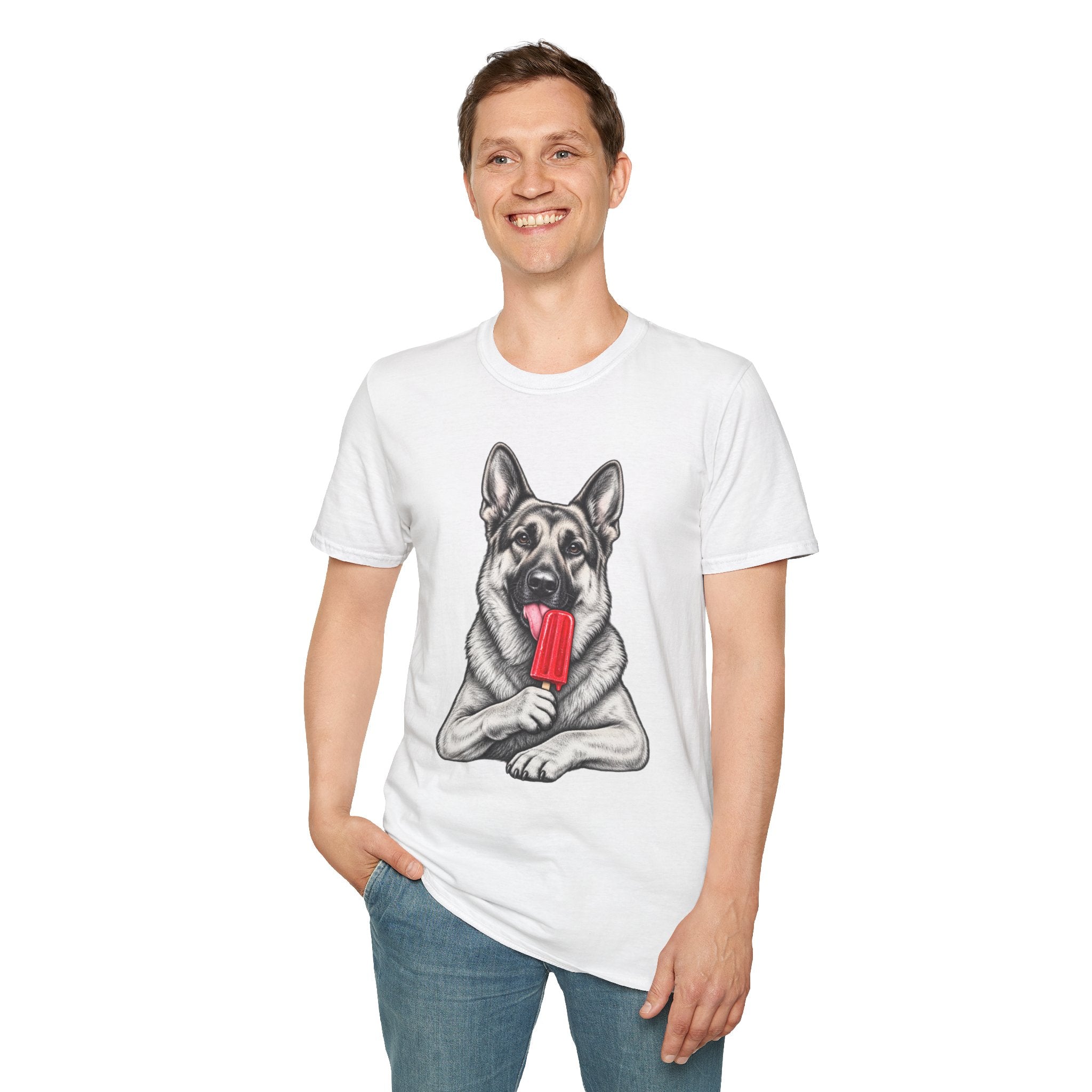 German Shepherd Dog Eating Popsicle T‑Shirt — Cute Pet Lover Graphic Tee